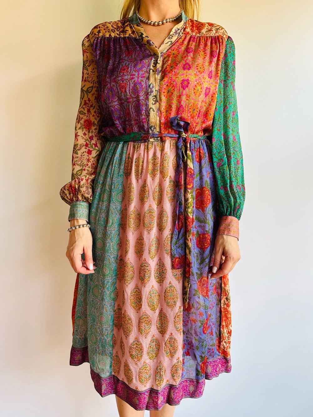 Vintage Judith Ann For Heiser-Egan 100% Silk Patchwork Boho Midi Dress Tie Waist - Picture 2 of 10